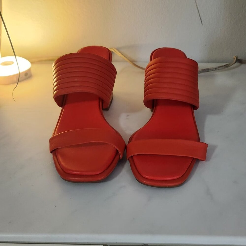 Orange Caslon Lamia Sandal set on a textured block heel